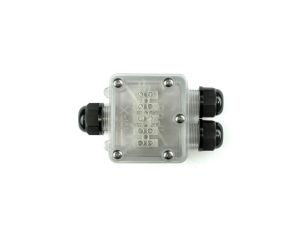 Kwadratowa przeźroczysta puszka instalacyjna IP68, 3 wloty + złącze 5 torowe