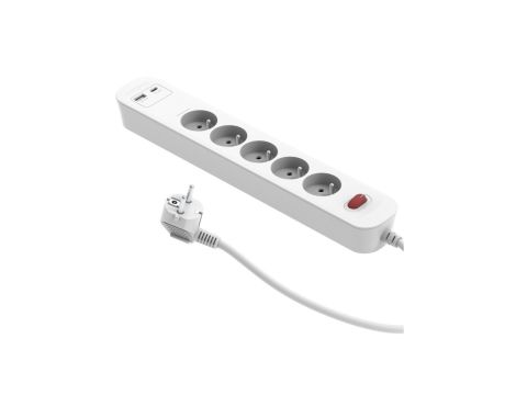 Przedłużacz szybkoładujący PD20 5-gniazdowy z wyłącznikiem + 2x USB (A+C) 1,4m SQUALL, biały / 34097