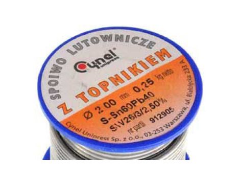 Cyna lutownicza spoiwo lutownicze topnikiem 2mm 250g SN60PB40