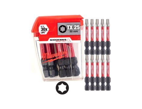 Bity udarowe do wkrętarki TORX TX25 50mm 1/4 SHOCKWAVE 10szt MILWAUKEE