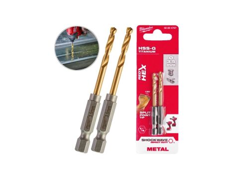 Wiertła do metalu HSS-G TiN walcowane 3,5x25/69mm Zestaw 2szt RED HEX SHOCKWAVE MILWAUKEE