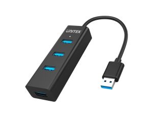 UNITEK Hub USB 3.0 A aktywny (BC1.2) na 4 porty USB A + gniazdo USB micro-B do zasilania czarny na kablu 0,3m