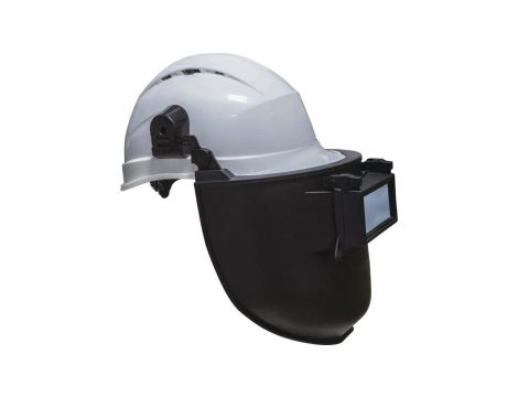 Tarcza spawalnicza do mocowana do hełmu budowlanego z podnoszoną szybką filtry w zestawie (przeźroczysty i din 11) kolor czarny
