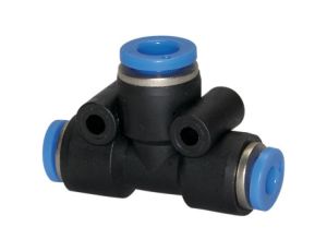 Trójnik pneumatyczny wtykowy redukcyjny typu T do węża z fi 2x16 mm na 1x12 mm, tworzywo sztuczne