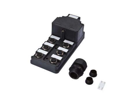 Rozdzielacz, 6x M12 5pin, PBT, M20 x 1,5 z tworzywa sztucznego, ze złączką M20x1,5, VK000008