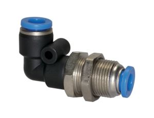 Złączka pneumatyczna wtykowa grodziowa kątowa M20 do węża fi 10 mm, mosiądz niklowany