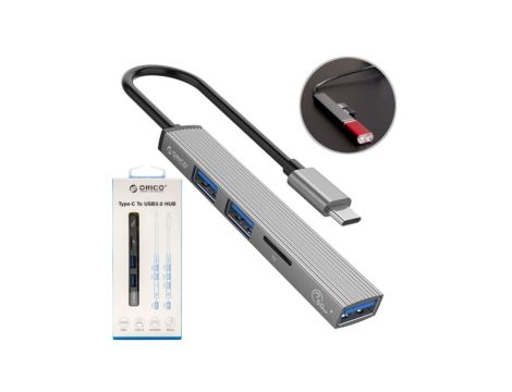 ORICO Adapter 4w1 Hub USB 3.1 typ-C - 2x USB 2.0 A + USB 3.0 A + czytnik kart SD / MicroSD srebrny 15cm