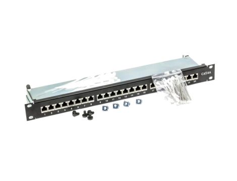 Patch panel RACK 19 kat.6A 24p FTP z półką 1U czarny