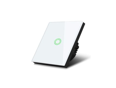 Dotykowy włącznik światła Maclean, pojedynczy, schodowy, krzyżowy, szklany, biały z okrągłym podśw. przycisku, 86x86mm, MCE710W