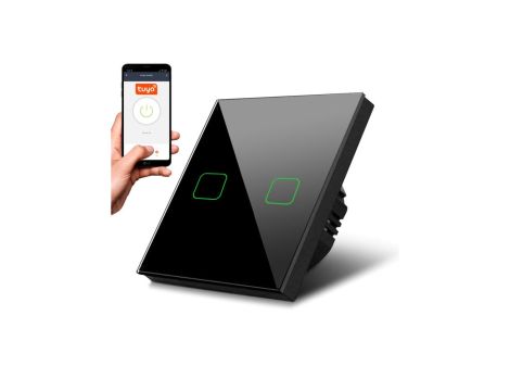 Dotykowy włącznik światła Maclean, podwójny, SMART, Tuya APP, szklany, czarny z kwadratowym podśw. przycisku, 86x86mm, MCE717B