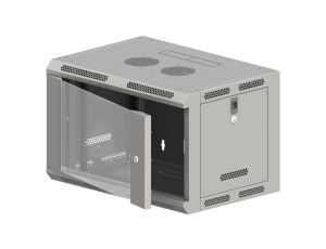 Szafa rack wisząca 19 cali 9U 600x500, niedzielona, drzwi szklane, kolor szary FLAT PACK