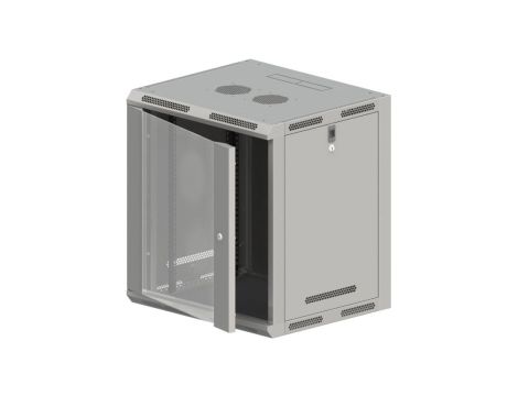 Szafa rack wisząca 19 cali 15U 600x500, niedzielona, drzwi szklane, kolor szary FLAT PACK