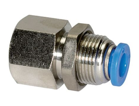 Złączka pneumatyczna wtykowa grodziowa R 1/8 GW do węża fi 10 mm, mosiądz niklowany