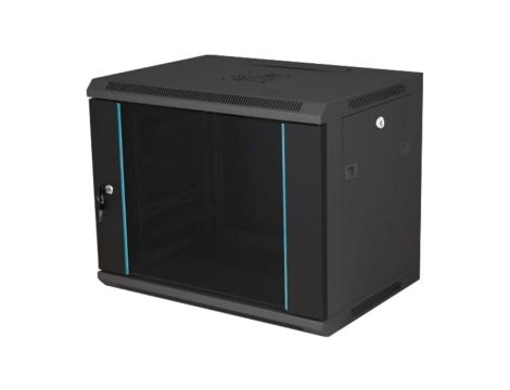 Szafka rack wisząca 19 9U 600x450, drzwi szklane, kolor czarny FLAT PACK