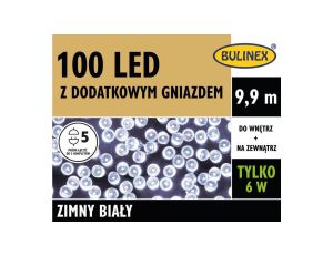 Lampki Bulinex 100led białe zimne 9 9m z dodatkowym gniazdem sznur