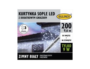Lampki Bulinex 200led białe zimne 9,60m sople z przewodem przeźroczystym kurtyna