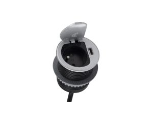 Gniazdo meblowe na 1 gniazdo 2P+Z 16A 230V + 1x USB 2,4A okrągły wpuszczany w blat SINGLE BOX 1,8m srebrny