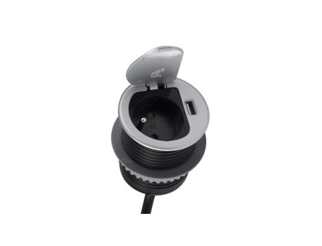 Gniazdo meblowe na 1 gniazdo 2P+Z 16A 230V + 1x USB 2,4A okrągły wpuszczany w blat SINGLE BOX 1,8m srebrny
