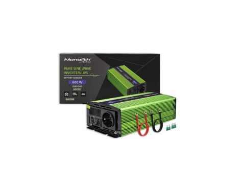 Qoltec Przetwornica napięcia Monolith ładowanie baterii UPS 300W 600W 12V na 230V Czysty Sinus
