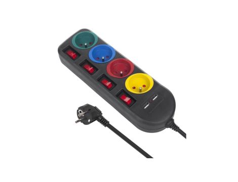 Listwa zasilająca Maclean, przedłużacz 4 gniazda + 2xUSB, z włącznikami, 250VAC/10A, 2.1A 5V, 1.5m, czarna, MCE229 B