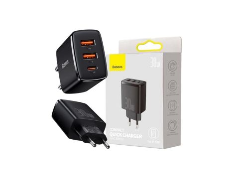 BASEUS Ładowarka sieciowa 2x USB (1x5V / 3A, 1x9V / 2A) Quick Charge 3.0, 1x USB-C PD 3.0 iQ Smart Charging 30W