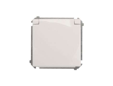 Simon Basic Gniazdo bryzgoszczelne z/u IP44 z przesłoną torów i klapką białe BMGZ1Bz.01/11
