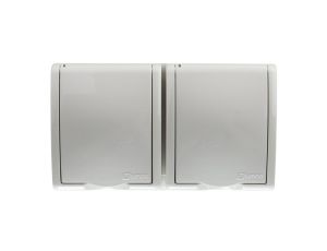 Simon Aquarius Gniazdo hermetyczne podwójne z/u IP54 z przesłoną torów i klapką pełną białe AQGZ1-2z/11