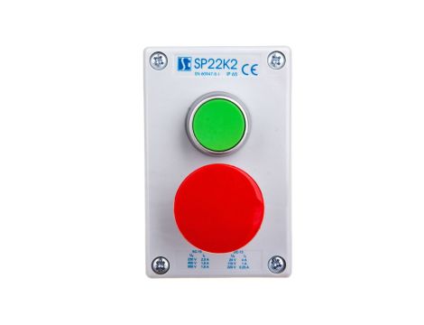 Kaseta sterownicza 2-otworowa zielony/przycisk grzybkowy czerwony 1Z 1R IP65 szara SP22K2\03-2