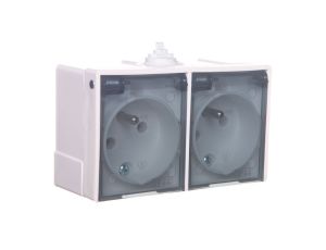 LAMBDA Gniazdo hermetyczne podwójne z/u IP44 klapka dymna biała GNH-2LZ/00/d