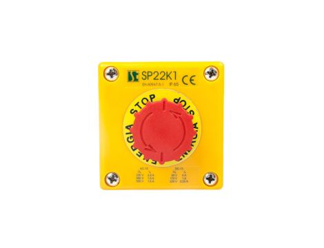 Kaseta z przyciskiem bezpieczeństwa przez obrót 1R IP65 żółta 1x dławnica M20 SP22K1\05-1