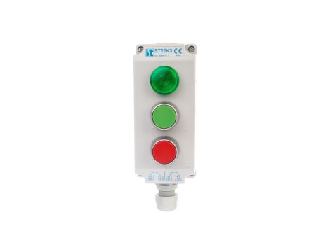 Kaseta sterownicza 3-otworowa zielony/czerwony/lampka zielona 230V IP65 1x dławik M20 szara ST22K3\06-1