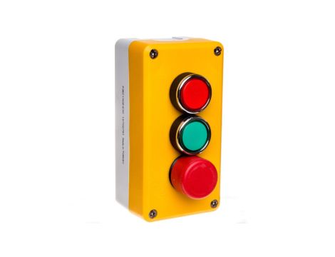 Kaseta sterownicza żółto-szara, 3 przyciski, kryty ziel. (1NO), kryty czer.(1NC), bezpieczeństwa 30 mm (1NC), T0-P3C1A2BE30