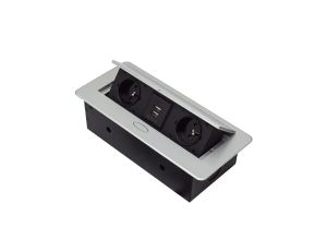 Gniazdo blatowe 3-krotne +2xUSB z pokrywą uchylną srebrne GB2PL+2-SILVER