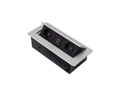 Gniazdo blatowe 3-krotne +2xUSB z pokrywą uchylną srebrne GB2PL+2-SILVER