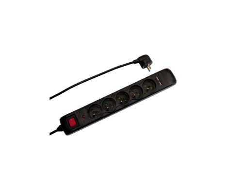 Przedłużacz 5-gniazdowy, +2xUSB 1,4m czarny, z filtrem przepięciowym, z wyłącznikiem, 3x1,0mm OWY / 34106