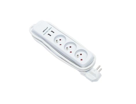 Przedłużacz 3-gniazdowy, +2xUSB 5VDC /2.1A, 1,5m szary, 3x1,0mm OWY / 24205