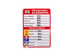 Samoprzylepna tabliczka ostrzegawcza /Telefony alarmowe 210x150/ 93/210X150/F