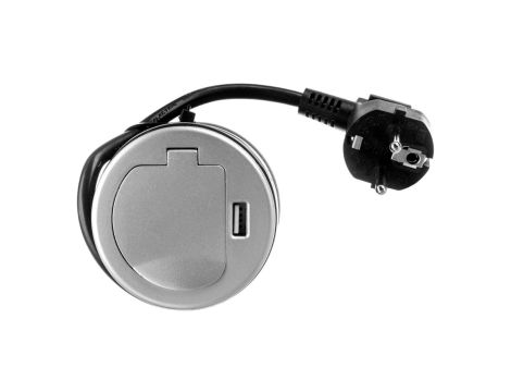 Gniazdo meblowe wpuszczane w blat 1x250V AC z pokrywką, ładowarką USB i przewodem 1,8m OR-AE-1373