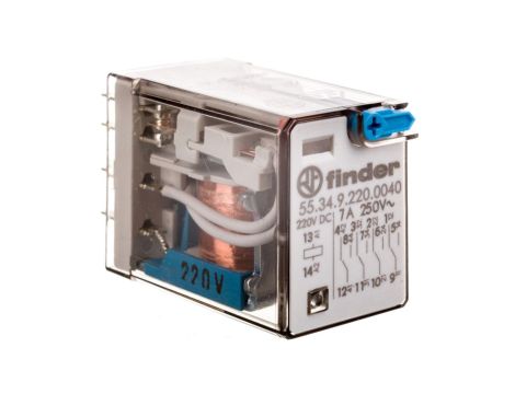 Przekaźnik miniaturowy 4P 7A 220V DC, przycisk testujący, mechaniczny wskaźnik zadziałania 55.34.9.220.0040