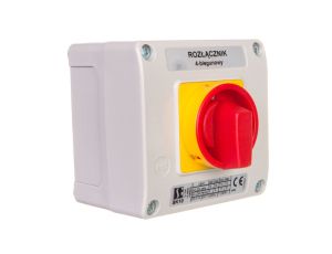 Łącznik krzywkowy 10A rozłącznik 0-1 4P w obudowie OB11 z czołem zamykanym żółto/czerwonym SK10-2.8210\OB11ZC