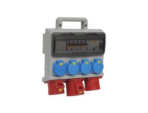 Rozdzielnica budowlana elCASE W32-1104 IP44, wtyk tablicowy CEE 32A-5P, gniazda: 4x GK 230V 16A, 1x CEE 16A, 1x CEE 32A, RCCB