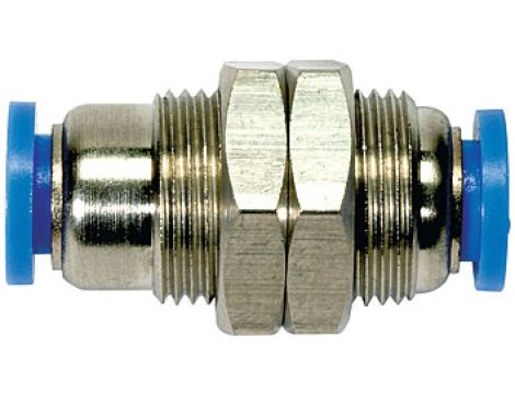 Złączka pneumatyczna wtykowa grodziowa M16 do węża fi 8 mm, mosiądz niklowany