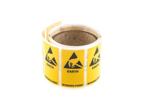Etykieta ESD Żółty Winyl, Tekst: Earth Bonding Point, Antyelektrostatyczny, Angielski
