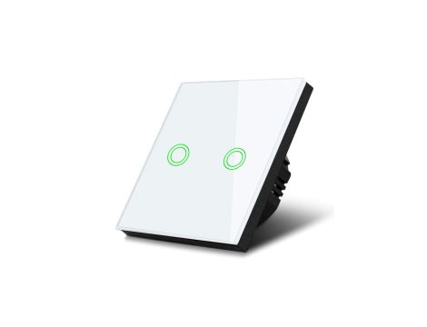 Dotykowy włącznik światła Maclean, podwójny, schodowy, krzyżowy szklany, biały z okrągłym podśw. przycisku, 86x86mm, MCE711W