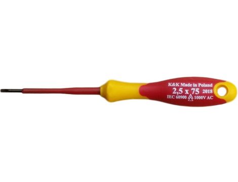 Wkrętak płaski izolowany 1000V 2,5x75 Narzędzia dla elektryka Śrubokręt płaski izolowany 1000V 2,5x75 do pracy pod napięciem