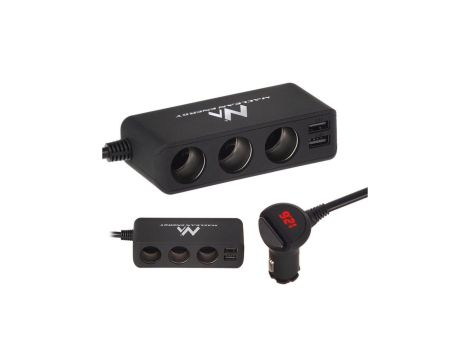 Rozdzielacz gniazda zapalniczki samochodowej czarny gumowany, woltomierz, 3 gniazda zapalniczki, 2xUSB 4,8A, Maclean MCE117, Ma