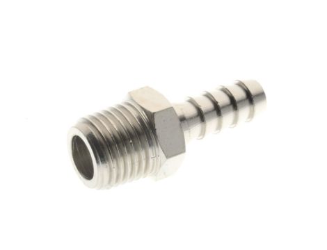 Króciec gwintowany choinka do węża fi 14 mm R 3/8 GZ, mosiądz niklowany, gwint stożkowy