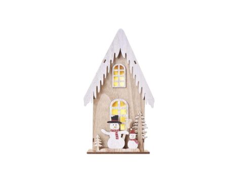 Dekoracje - 3 LED drewniany domek z bałwankami, 28 cm, 2x AA, ciepła biel, IP20, timer DCWW18