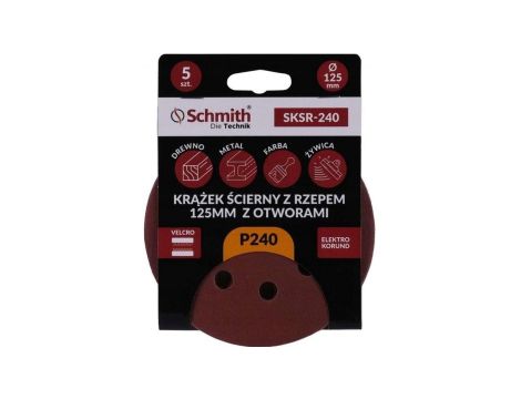 Papier ścierny krążki na rzep z otworami 125mm P240 zestaw 5szt Schmith