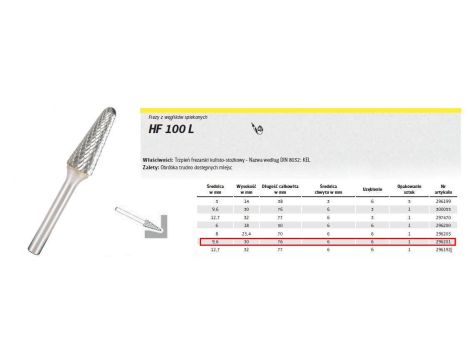 KLINGSPOR FREZ DO METALU HF 100 L FI=9,6x30mm TRZPIEŃ 6mm, TYP:KEL, STOŻKOWO-KULISTY - 2